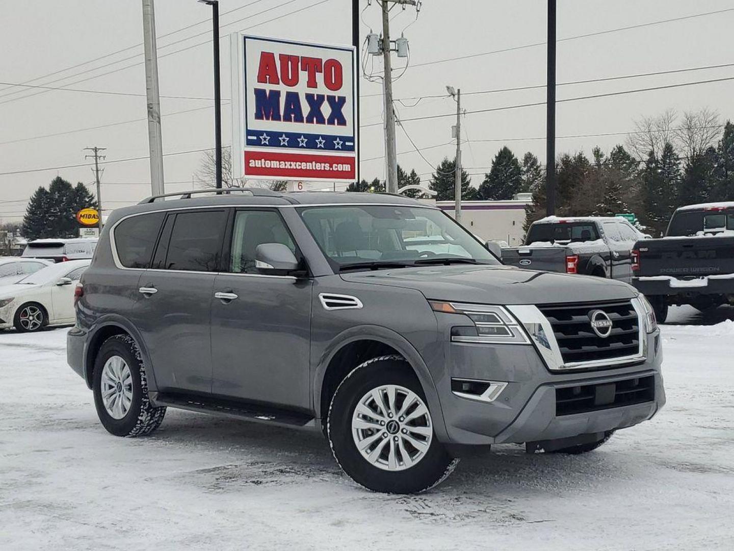 2023 Gun Metallic /Charcoal Nissan Armada SV AWD (JN8AY2AD6P9) with an 5.6L V8 DOHC 32V engine, 7A transmission, located at 6064 Gull Rd, Kalamazoo, MI, 49048, (269) 222-0088, 42.328388, -85.512924 - Discover the exceptional 2023 Nissan Armada SV at our dealership, where luxury meets performance. This pristine SUV, with 0 miles on the odometer, is designed to exceed your expectations. Powered by a robust V8, 5.6L engine, and equipped with 4WD, the Nissan Armada SV delivers an unparalleled drivin - Photo#0